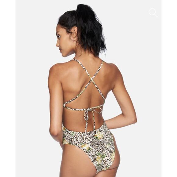 Hurley Black & Brown Leopard Print One-Piece Swimsuit Yellow Hibiscus Size XS - Picture 6 of 8